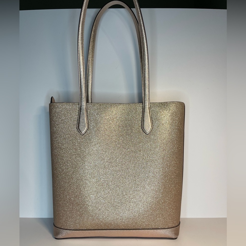 Kate Spade NY Saffiano PVC Trim Tinsel Glitter Rose Gold Tote Gently Preloved - Picture 5 of 17